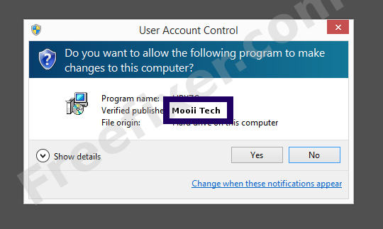 Screenshot where Mooii Tech appears as the verified publisher in the UAC dialog